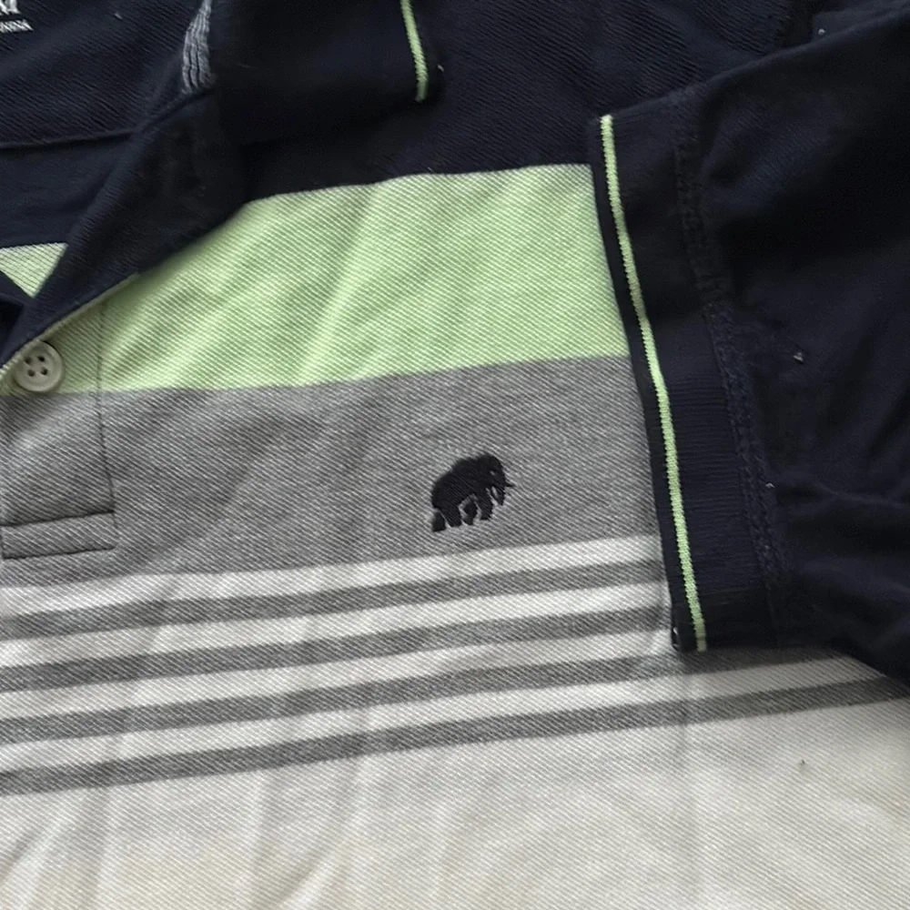 Banana Republic Navy, Light Green, Gray and White Striped Polo